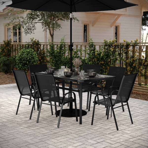 Flash Furniture Brazos 7 Pc Patio Dining Set w/Tempered Glass Patio Tbl and 6 Chairs w/Black Flex Comfort Material TLH-94B-303C-GG - main